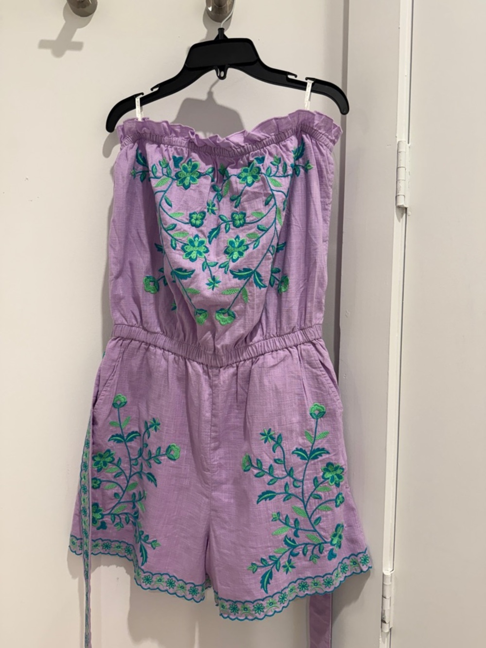 Lilly Pulitzer Lavender Strapless Romper with Teal and Green Embroidery